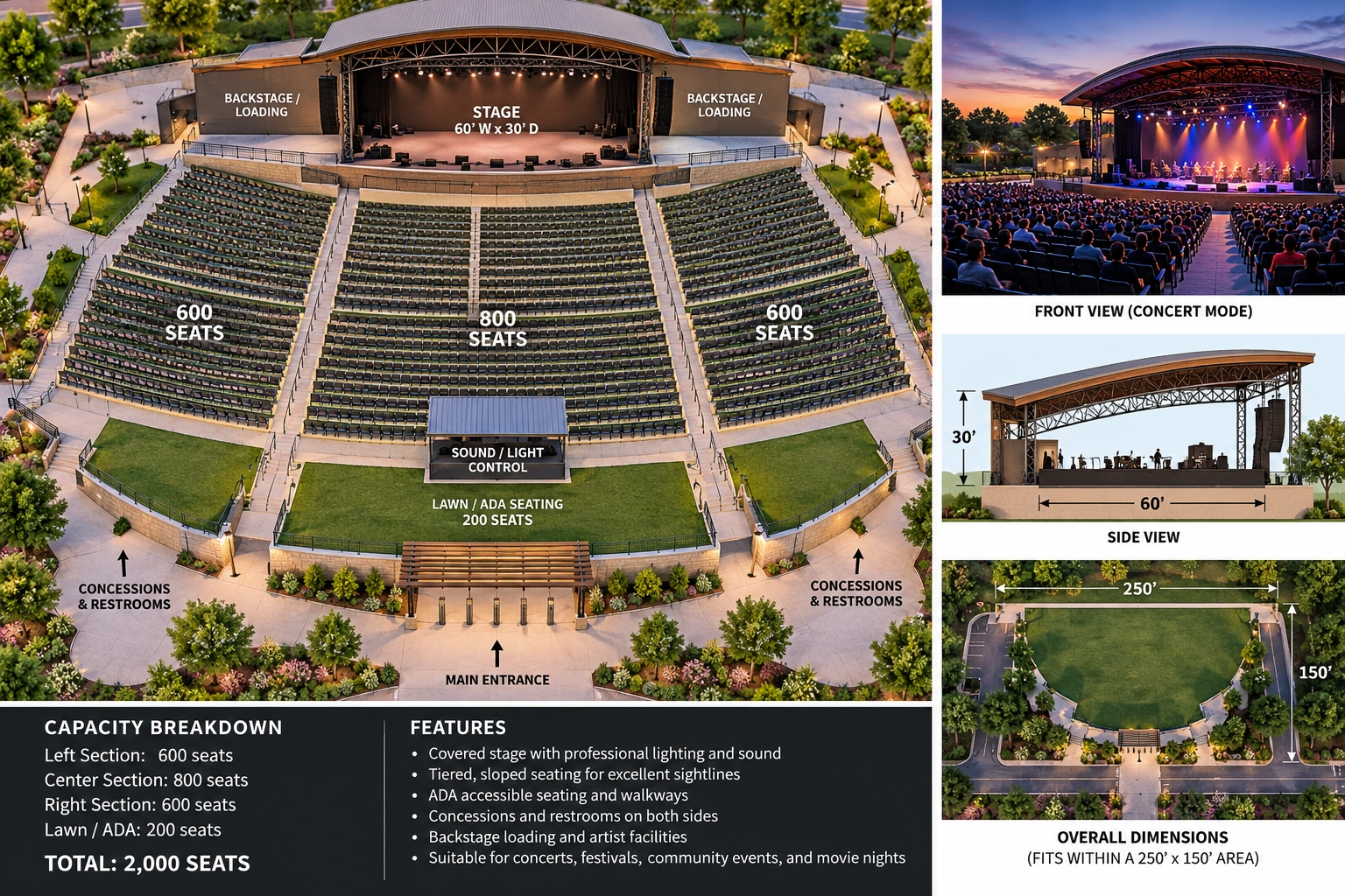 Additional amphitheater concept study showing three seating sections, a covered stage, lawn and accessible seating, front and side views and an overall footprint diagram