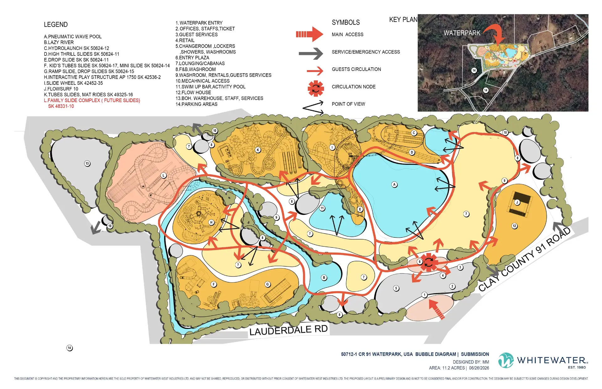 WhiteWater preliminary CR 91 water park bubble diagram showing attraction areas and guest circulation