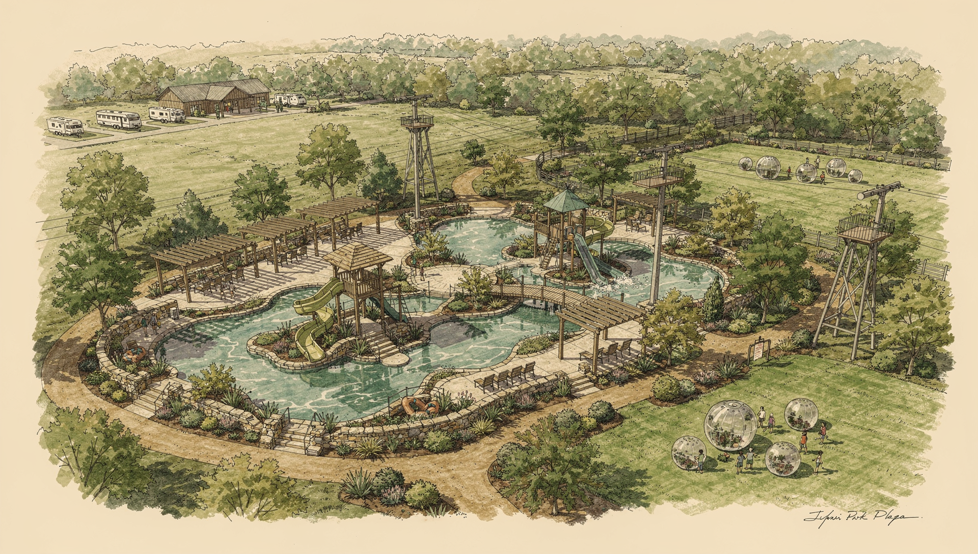 Architectural concept illustration of the future CR 91 water park and adventure area