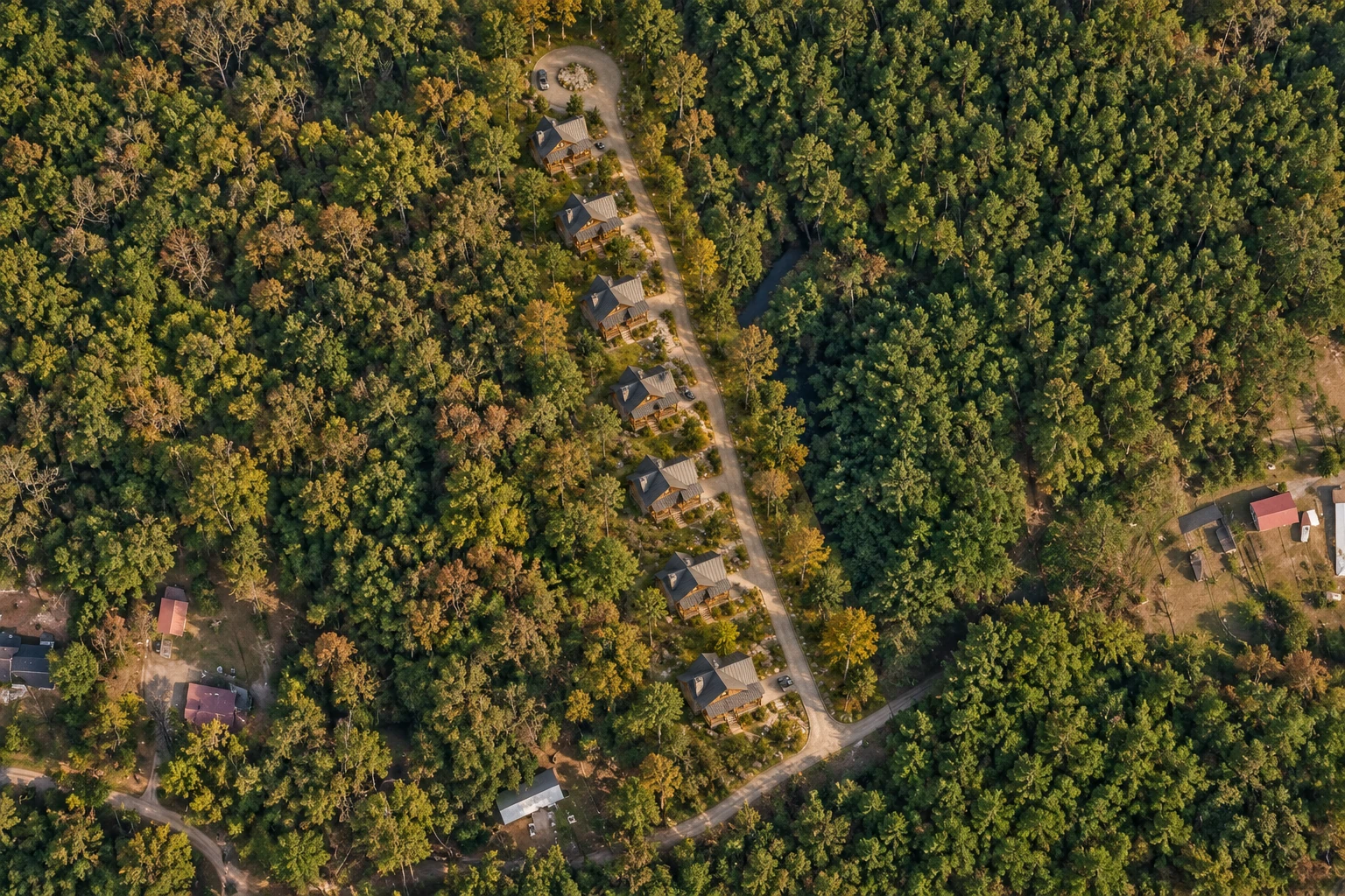 AI-generated overhead concept of a small timber cabin collection along a shared access lane in the narrow wooded area identified by Elaine