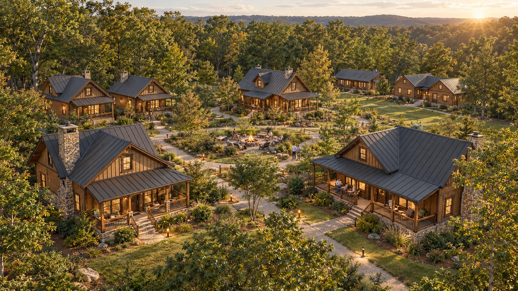Photorealistic concept of timber cabins and landscaped paths in a wooded setting at CR 91