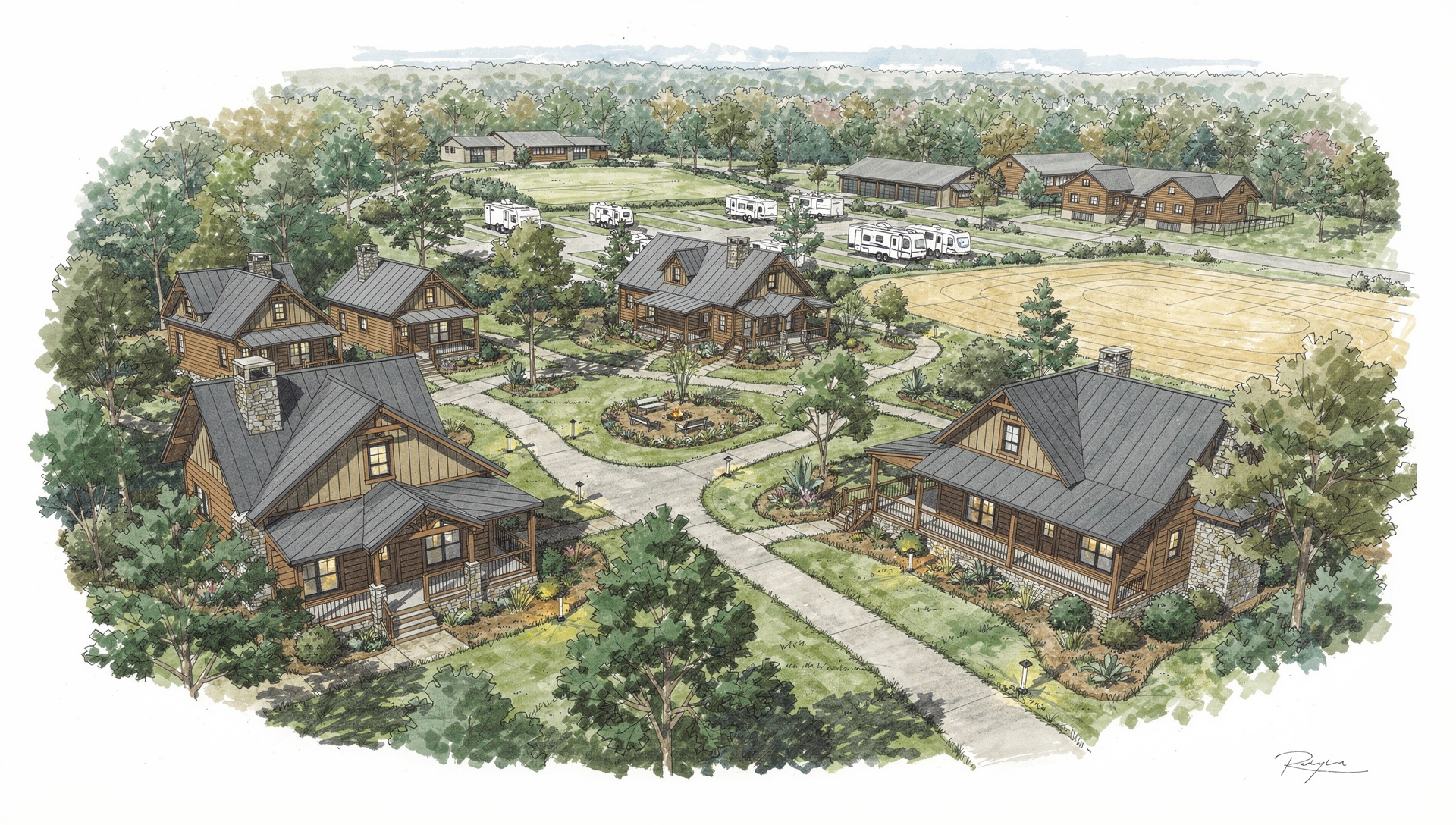 Architectural concept illustration of future cabins and accommodations at CR 91