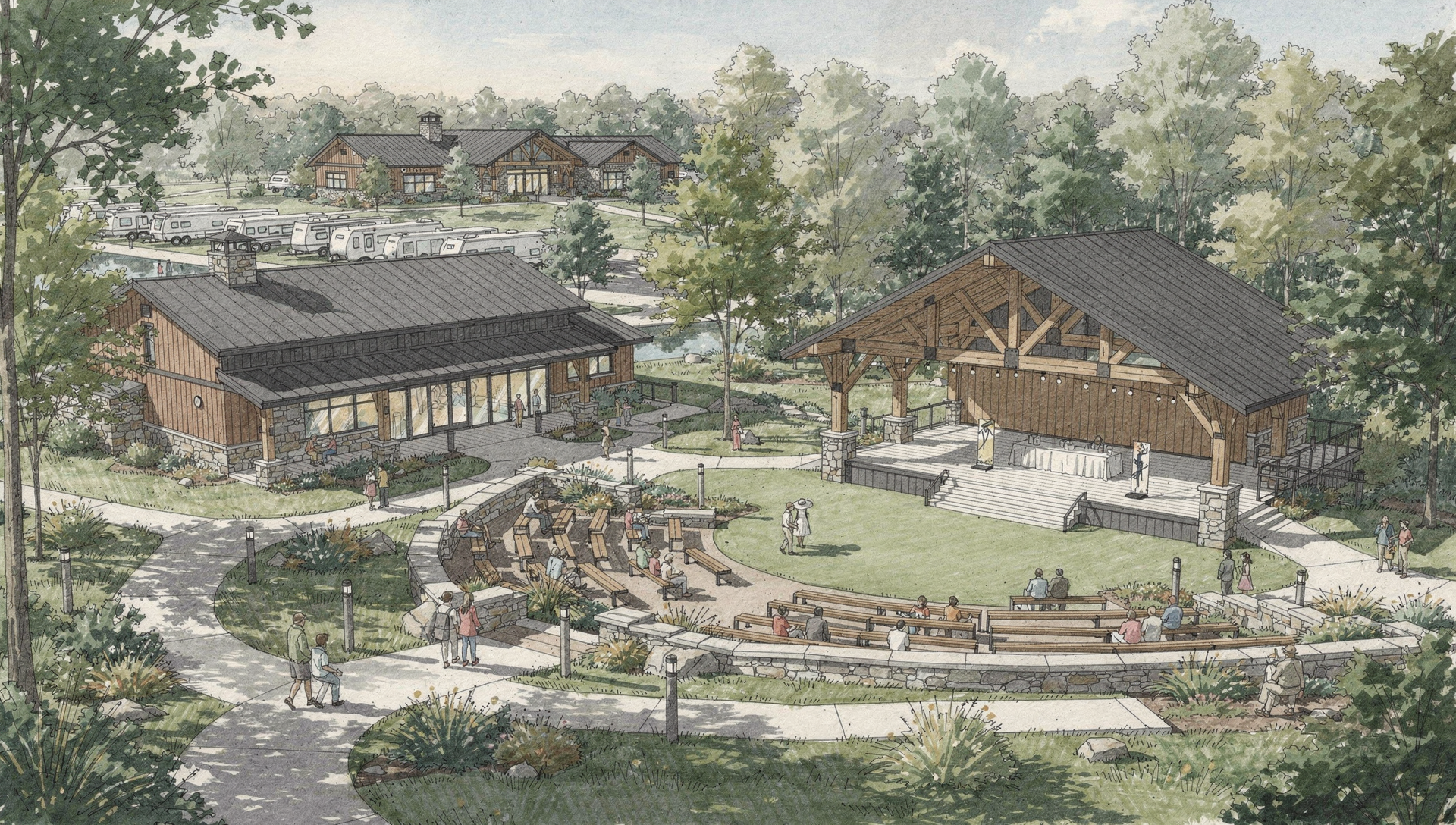 Architectural concept illustration of the future CR 91 pavilion and community center